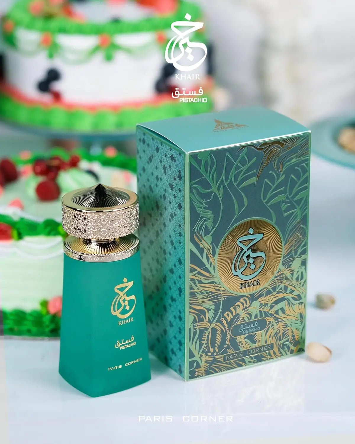Paris Corner Blushimmer Pistachio Khair unisex perfume bottle with elegant packaging, 3.4 fl oz Edp for men and women.