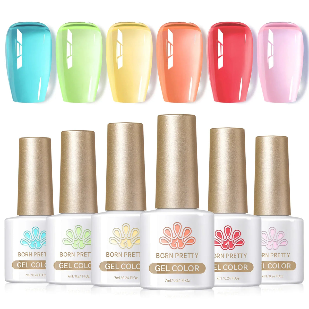Born Pretty 6-pack crystal amber gel nail polish set in jelly pink and nude shades for semi-permanent UV and LED manicure.