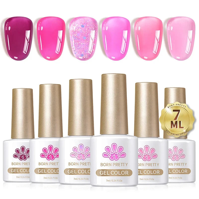 Six bottles of BORN PRETTY Crystal Amber Gel Nail Polish in jelly pink and nude shades for semi-permanent UV and LED manicures.