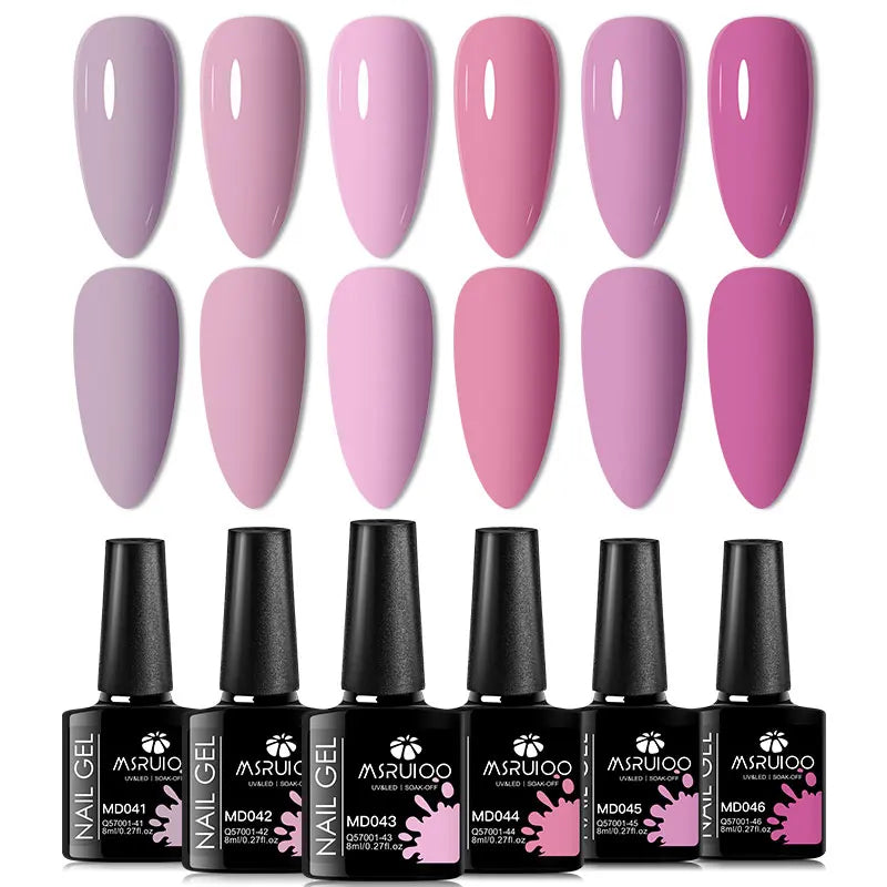 Blushimmer 6-piece all-season nail gel polish set with vibrant semi-permanent UV gel colors for salon or DIY manicures.