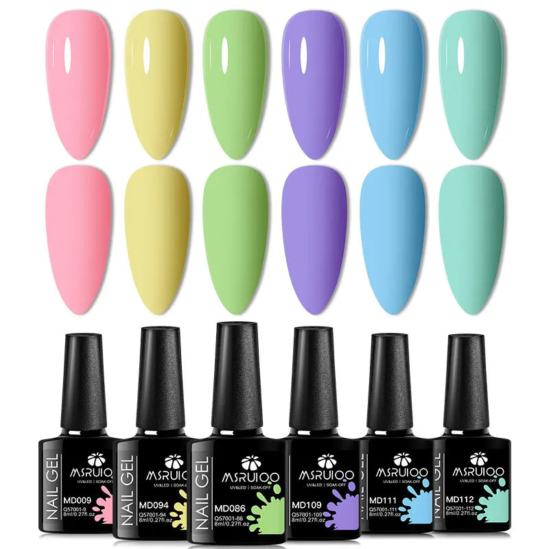 Blushimmer 6-piece nail gel polish set with vibrant, semi-permanent UV gels for all-season manicures and nail art.