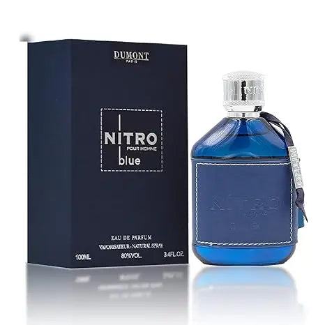 Blushimmer Dumont Nitro Elixir perfume bottle in black, white, blue, green, and red with long-lasting fragrance and natural scent.