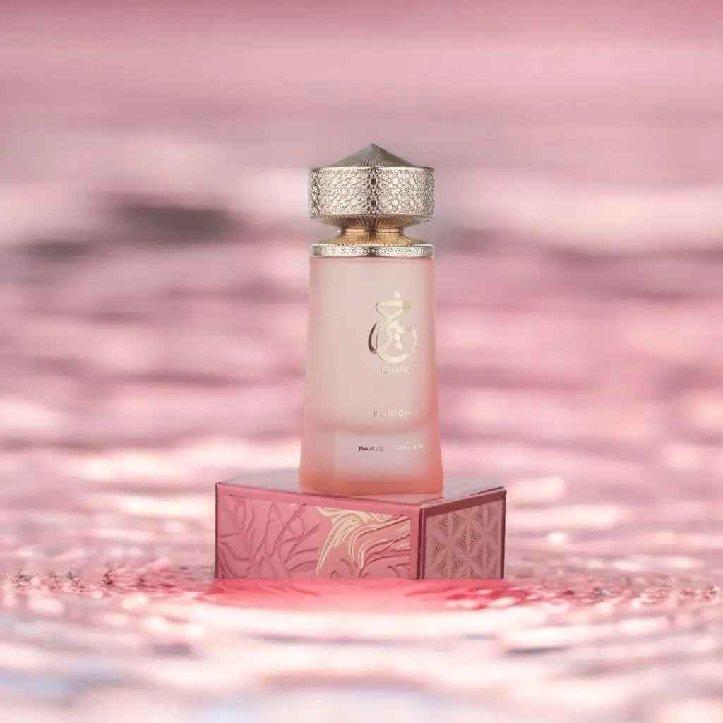 Blushimmer Paris Corner Khair Fusion Lychee perfume bottle with fruity floral scent, featuring lychee, blackcurrant, and red apple notes.
