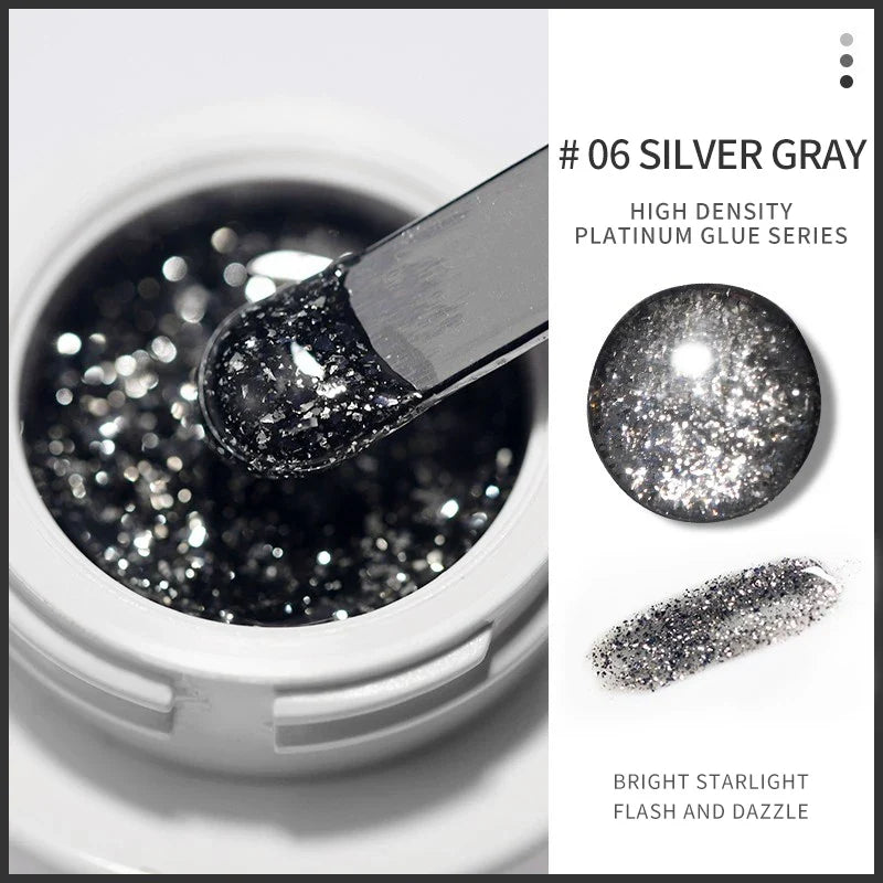 Blushimmer silver and gold metal nail gel polish with UV glitter, reflective finish, in a soak-off bottle for professional nail art.