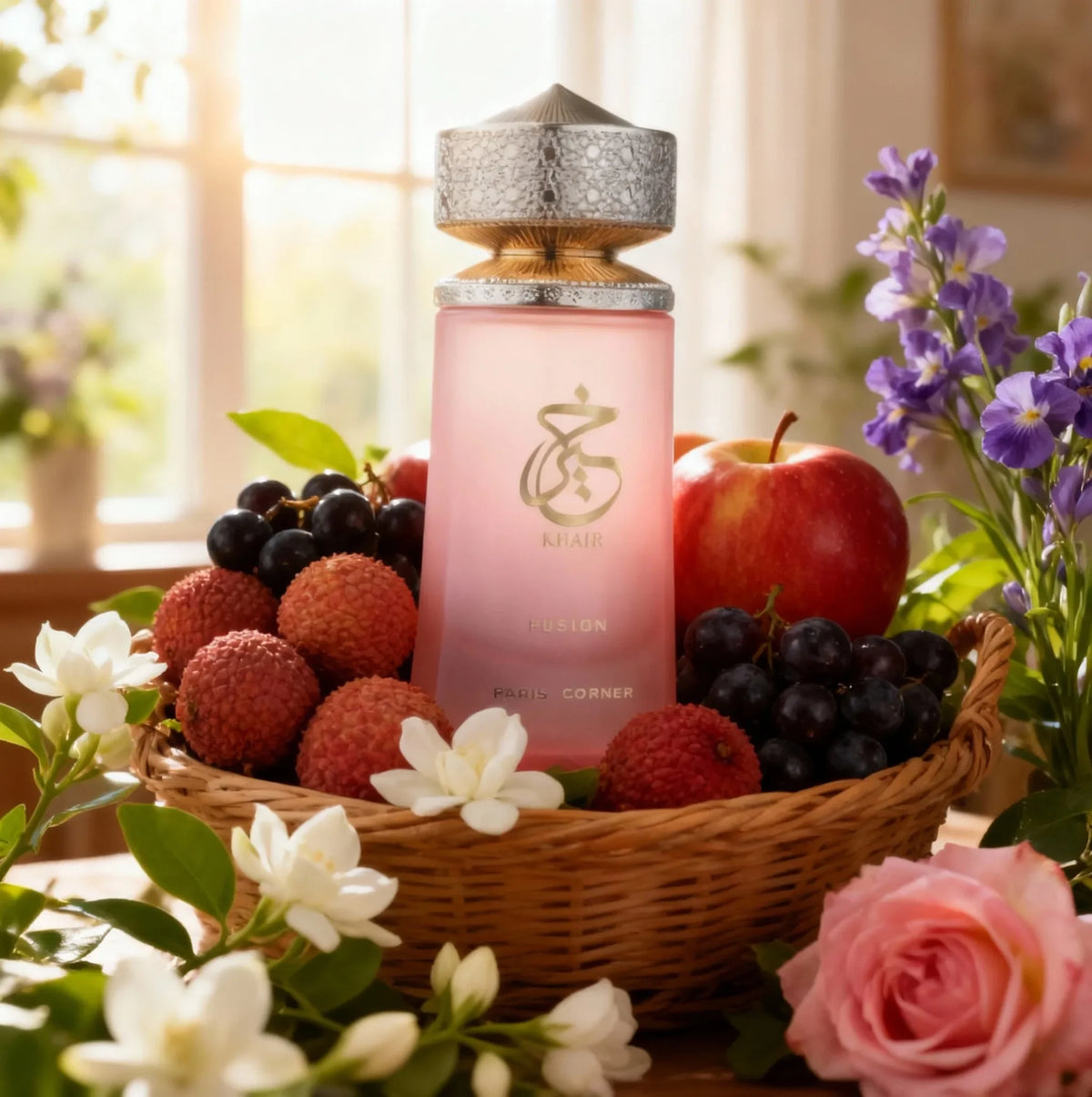 Blushimmer Paris Corner Khair Fusion Lychee fruity floral perfume bottle with lychee, blackcurrant, and red apple notes.