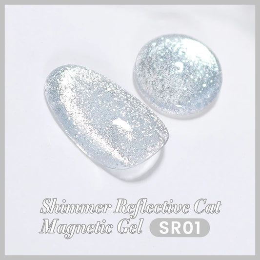 Silver reflective cat magnetic gel nail polish by Blushimmer featuring crystal glitter, soak-off UV and LED friendly, 10ml bottle.