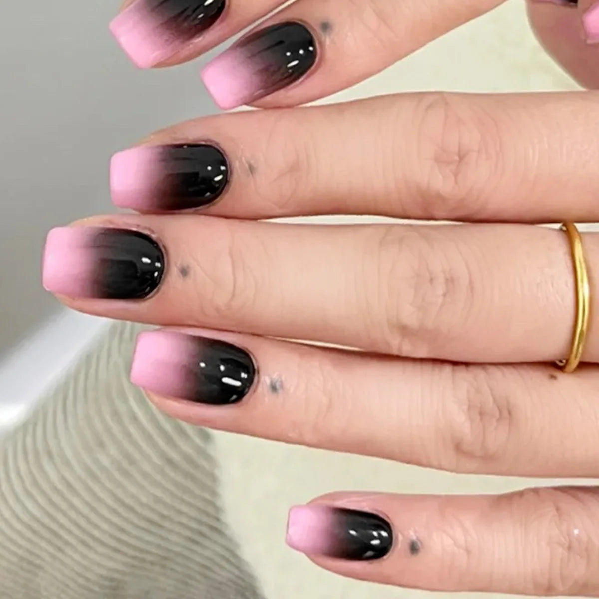 Set of 24 pink and white gradient square false nail tips with French press design and jelly glue from Blushimmer.