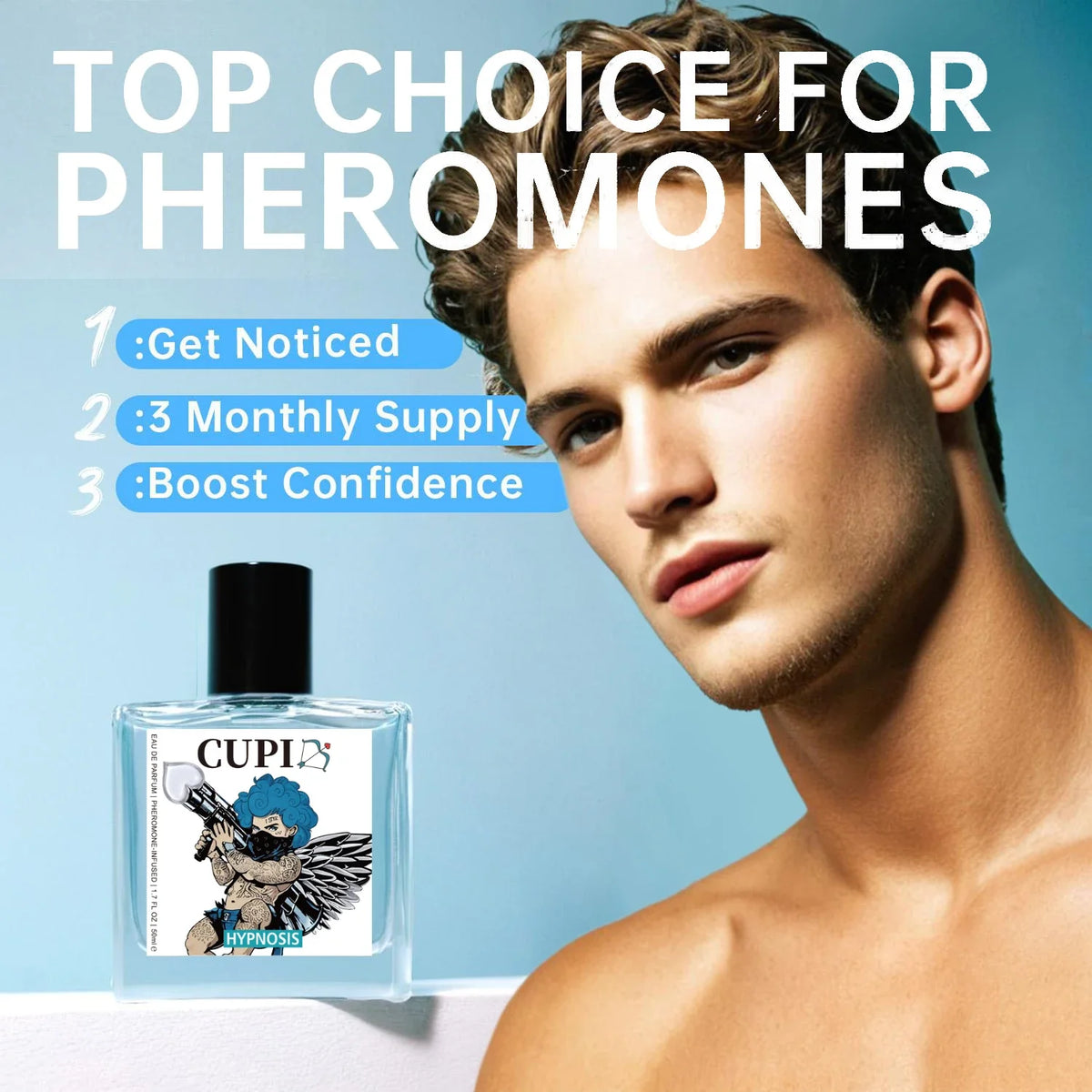 Cupid Hypnosis 2.0 pheromone cologne for men in a 50ml bottle, featuring Blushimmer's fragrance with sleek packaging.