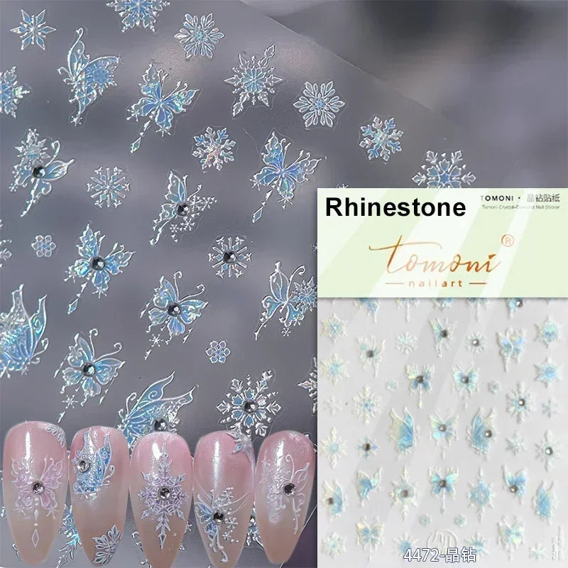 Blushimmer Jelly Butterfly 5D nail art sticker with rhinestones, shiny insect design, self-adhesive manicure decoration, close-up view.