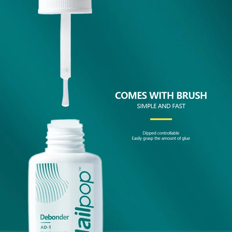 Blushimmer Nailpop false nail remover debonder liquid in 10ml bottle with rhinestone and nail art accessories.