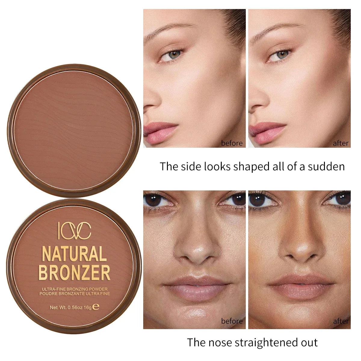 Blushimmer dark skin bronzer contour palette with matte brown shades for nose, cheek, and face contouring and natural makeup finish.