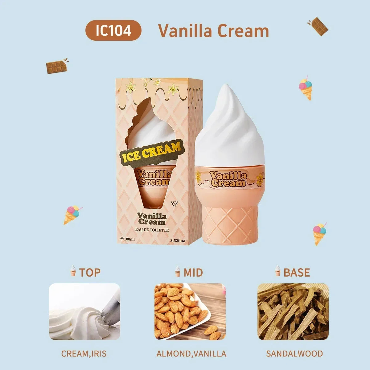 Cute ice cream-shaped perfume bottle by Blushimmer featuring fruity floral vanilla fragrance, 50ml long-lasting eau de toilette.