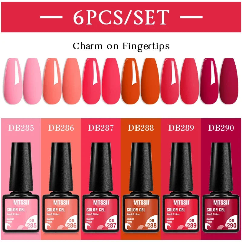 Blushimmer MTSSII 6-piece set of sparkly red gel nail polish bottles with shiny finish, suitable for LED and UV nail art.