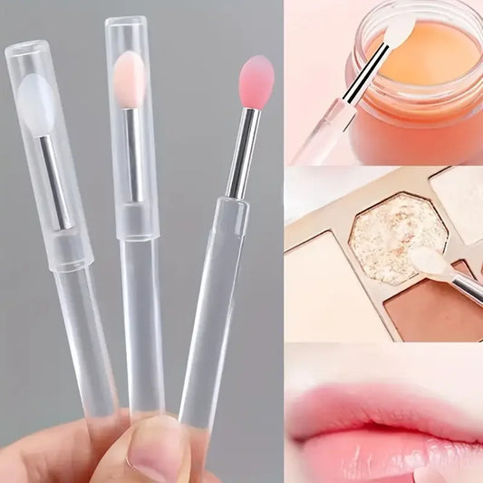 Blushimmer portable silicone lip brush with cover, soft multifunctional applicator for lip balm, lipstick, and lip gloss makeup.