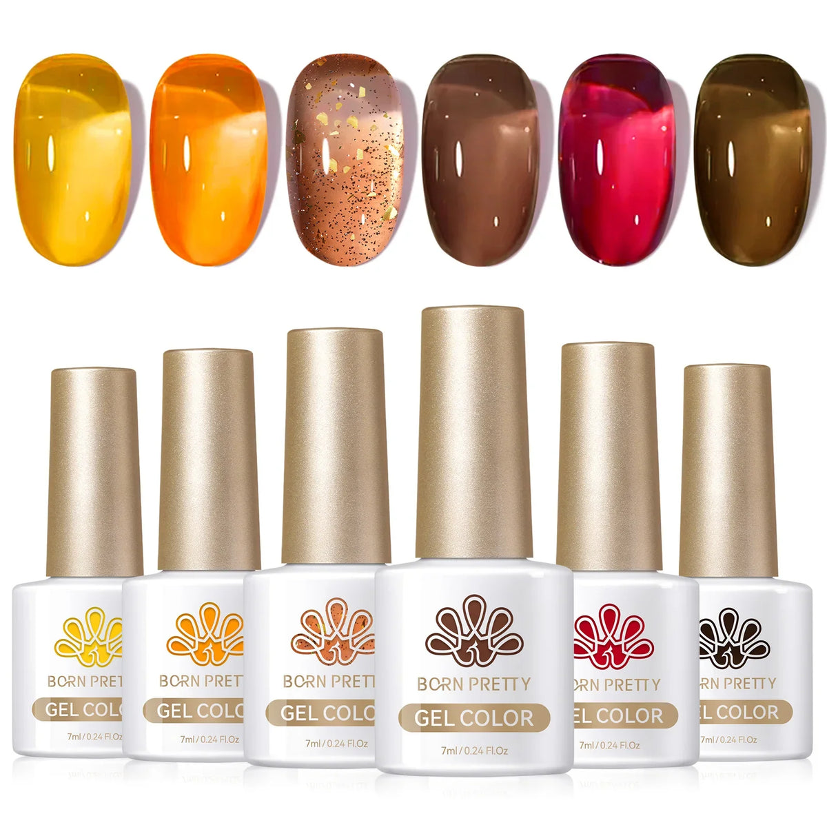 Born Pretty crystal amber gel nail polish set with six jelly pink nude shades for semi-permanent UV and LED manicures.