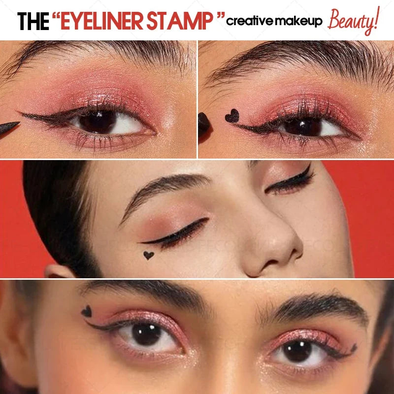 Blushimmer liquid eyeliner stamp with waterproof gel felt tip, featuring heart, star, triangle, and flower shapes for creative eye makeup.