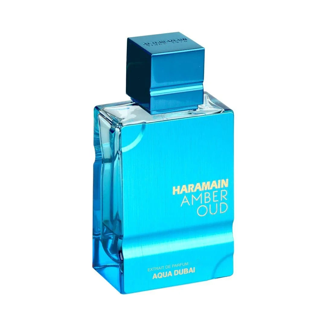 Al Haramain Amber Oud Aqua Dubai Eau de Cologne unisex bottle, 2 oz, featuring a sleek design and amber-colored liquid.