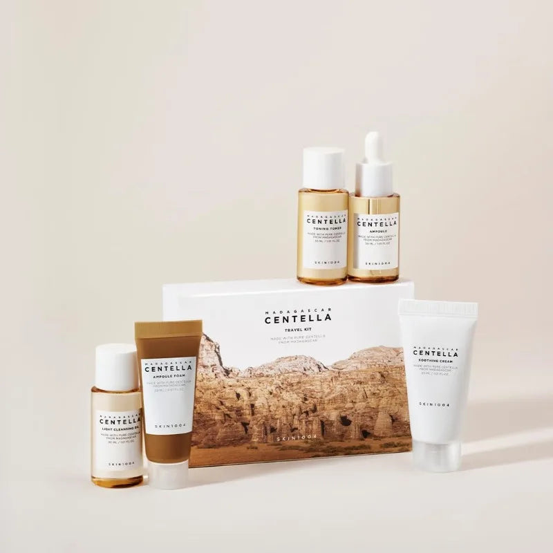 Skincare mini travel kit with toner, ampoule, soothing cream, cleansing oil, and foam from SKIN1004 Madagascar Centella by Blushimmer