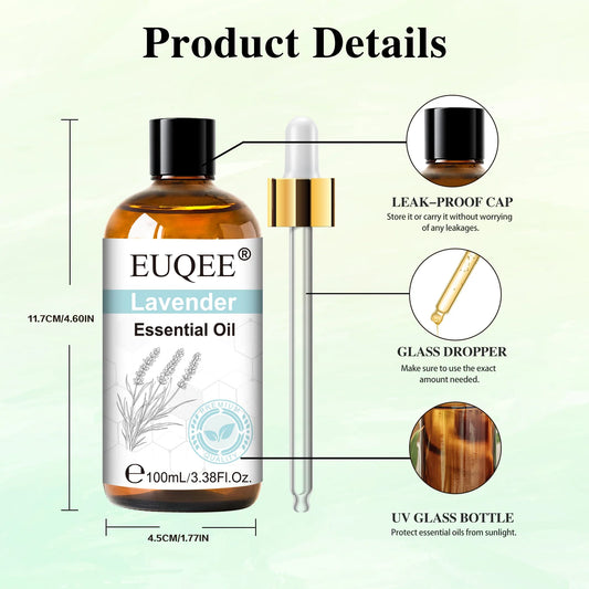 Blushimmer lavender vanilla essential oil with dropper, 100ml bottle for diffuser, featuring sandalwood, bergamot, and lemongrass fragrances.
