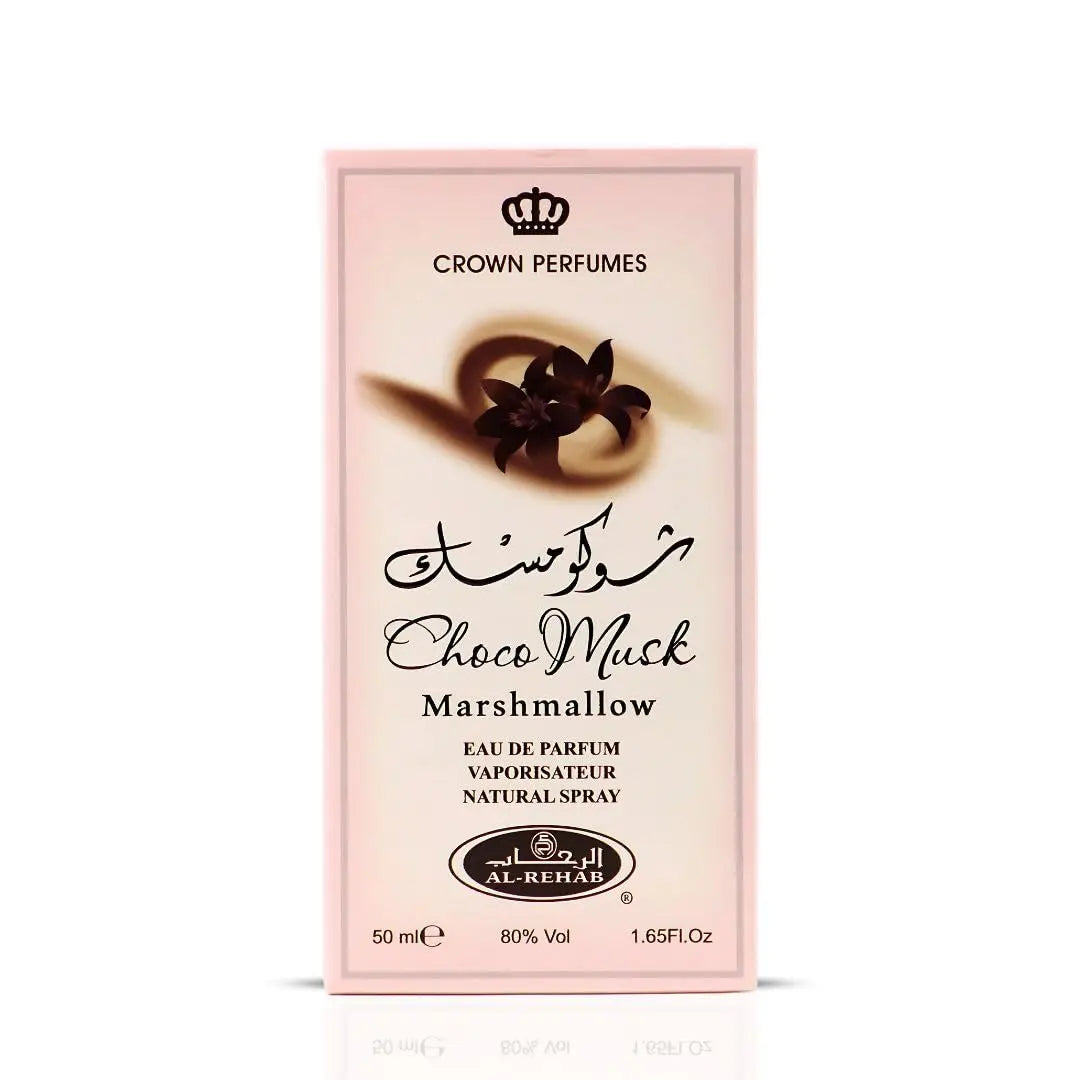 Al-Rehab Choco Musk Marshmallow Eau de Parfum for Women, 50ml, featuring strawberry, marshmallow, and cocoa scents in a stylish bottle.