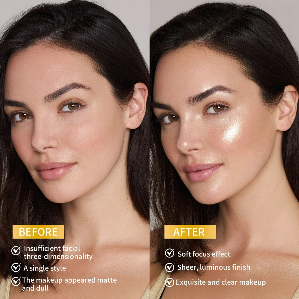 Blushimmer face highlighter powder with baked shimmer, providing a long-lasting, waterproof glow for contouring and radiant skin.
