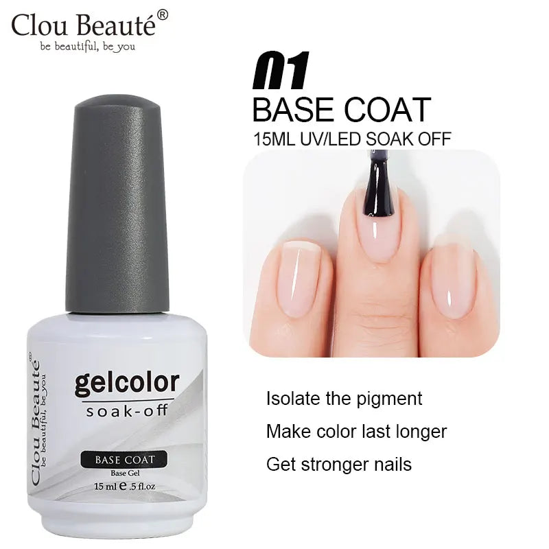 Blushimmer Clou Beaute neon gel nail polish base and top coat in red, black, white, and green, semi-permanent varnish, velvet finish.