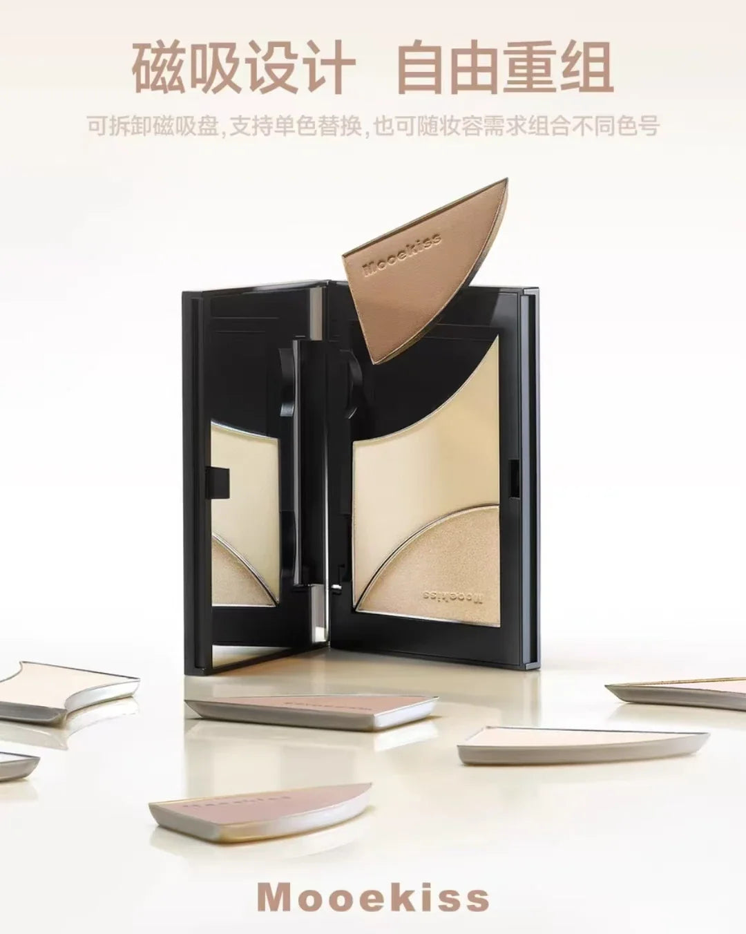 Blushimmer Mooekiss highlighter contour blush powder palette with three matte and pearlescent shades for face and eye makeup.