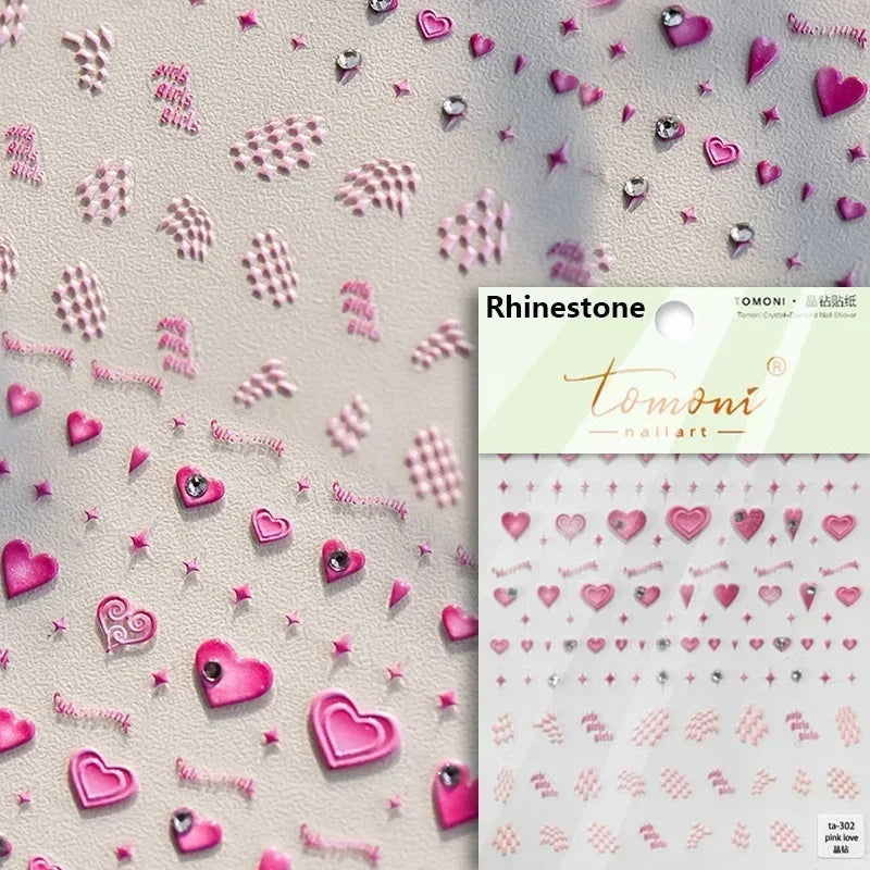 Colorful Cat's Eye 5D gradient European love heart gem nail art stickers with geometric wing designs for manicure decoration.