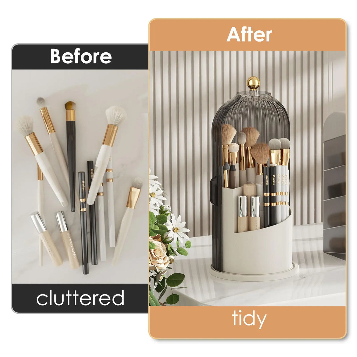 Blushimmer YOOLENS makeup brush holder with lid, 360° rotating clear dustproof organizer for vanity and bathroom storage