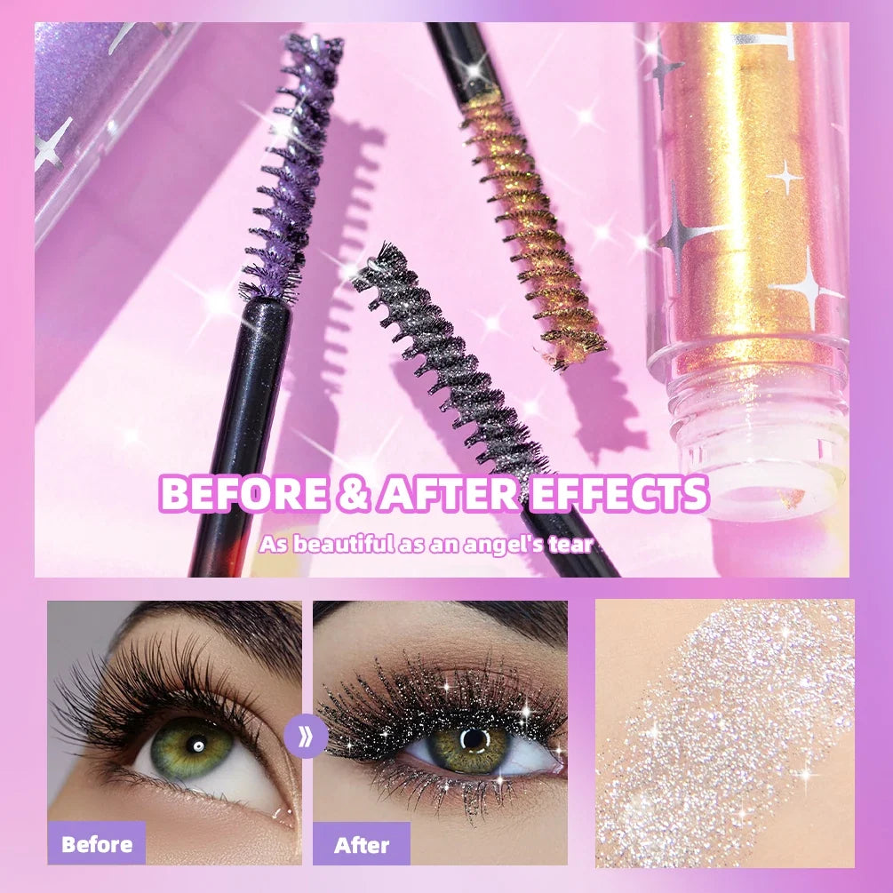 Blushimmer diamond mascara with shimmering galaxy sequins, showcasing glossy, curled, long-lasting, sweat-proof eyelashes.
