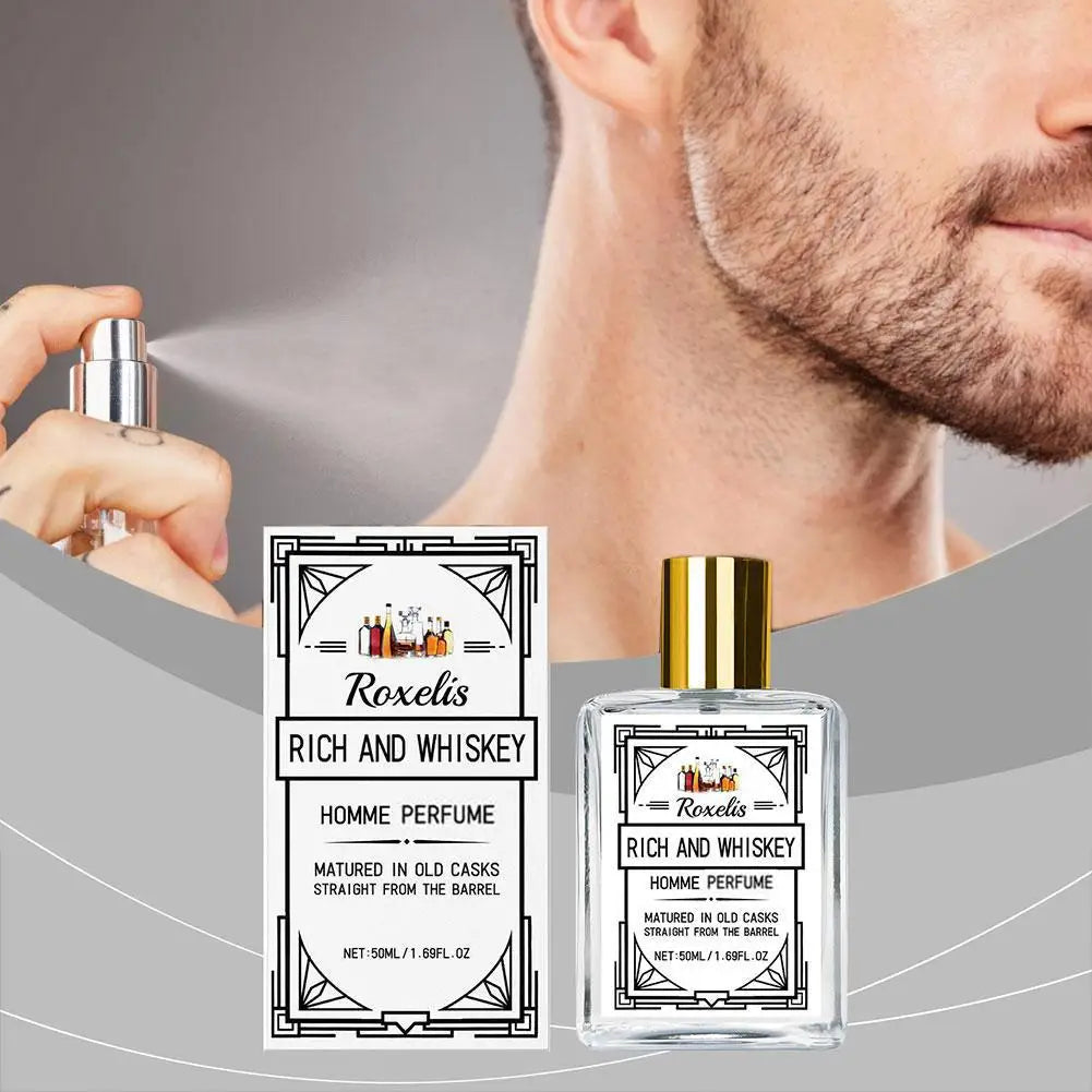 Men's perfume by Blushimmer featuring Charming Whiskey scent with pheromones, long-lasting, refreshing, elegant fragrance for dating.