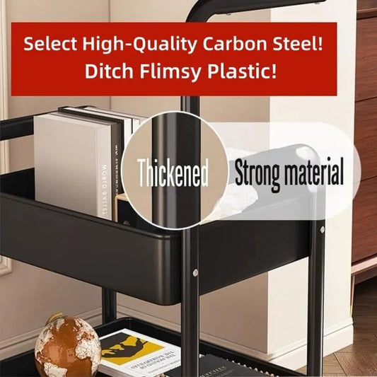 Three-tier metal rolling storage cart with walnut wood tabletop, lockable wheels, ideal for kitchen, bathroom, or craft organization.