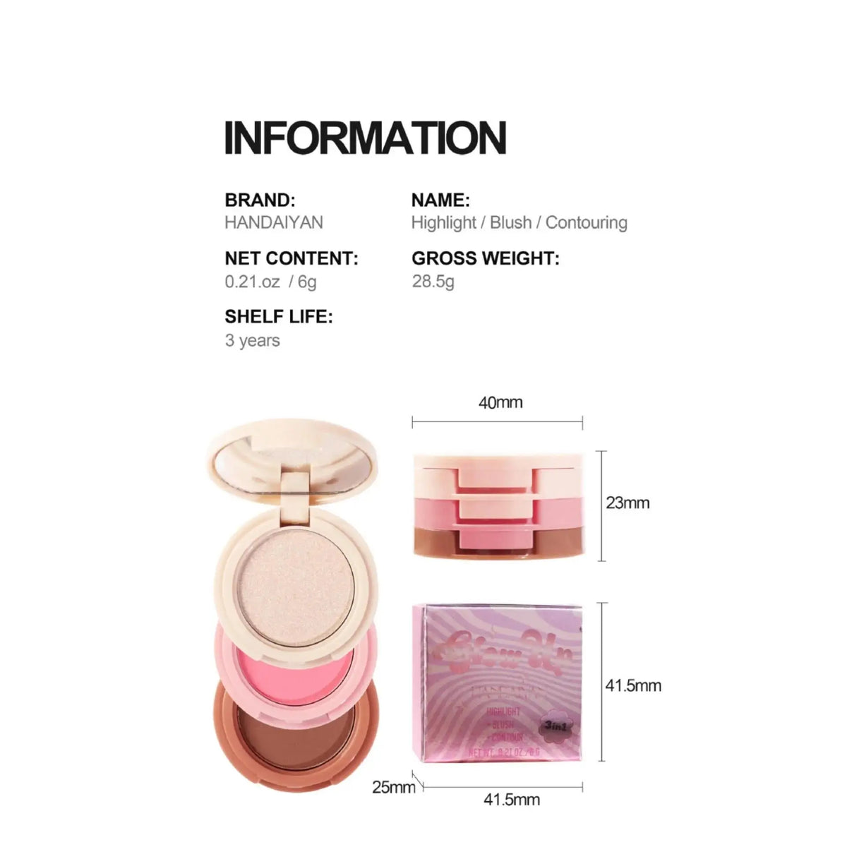 Blushimmer 3-in-1 matte highlighter, contour, blush palette with pearly shiny face powders for professional makeup application.
