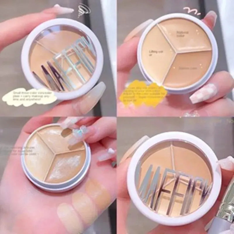 Blushimmer 3-color concealer palette with shades for covering dark circles around eyes and face, professional makeup kit