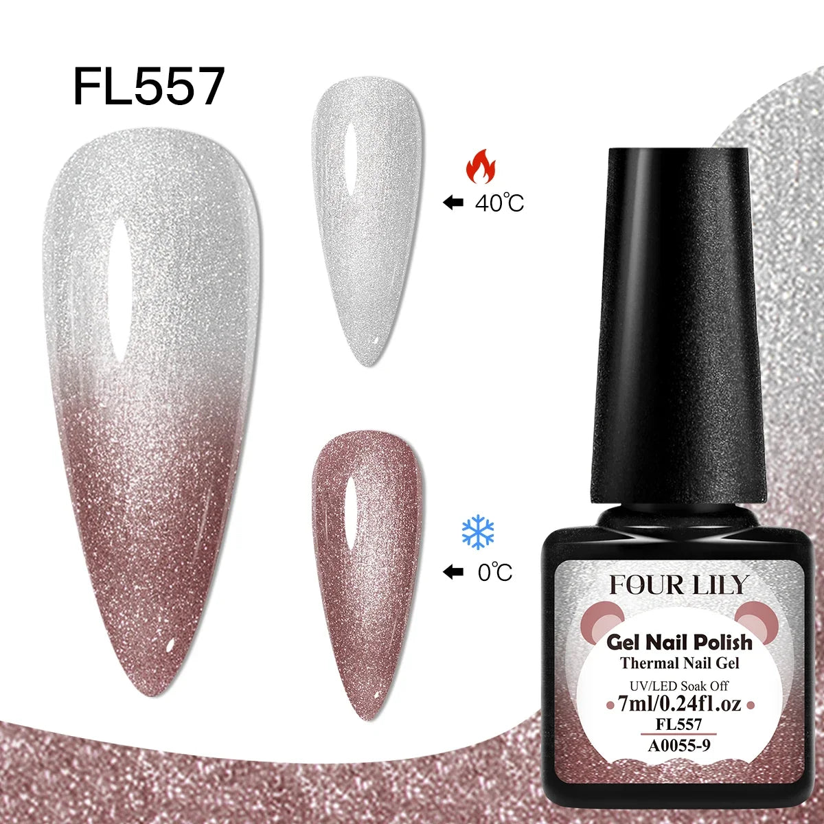 Four Lily thermal nail gel polish bottles by Blushimmer, showing color-changing semi-permanent UV/LED gel for manicure designs