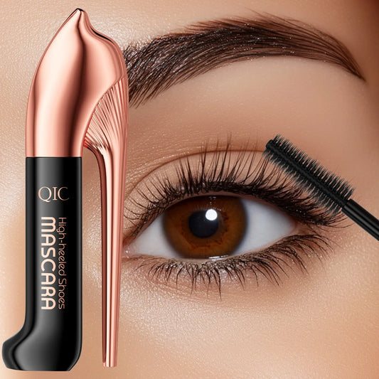 Blushimmer QIC high-heeled shoes with 3D fiber mascara in waterproof black, featuring sleek black heels and stylish design.