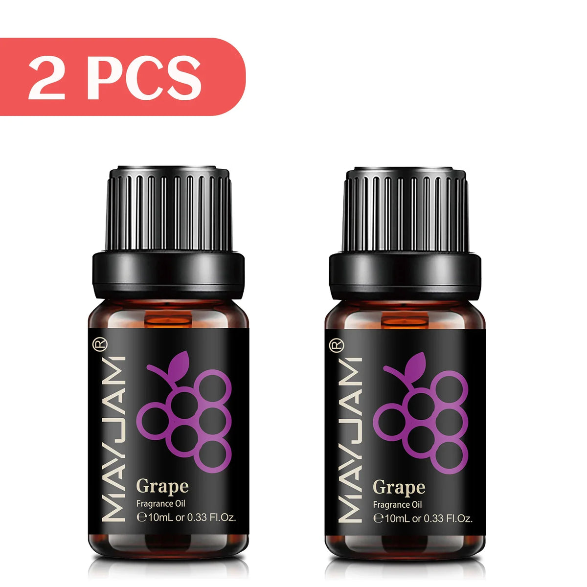 Blushimmer Mayjam fruit essential oil bottle with cherry, banana, papaya, grape, litchi, guava, kiwifruit, pear, and fig fragrances.