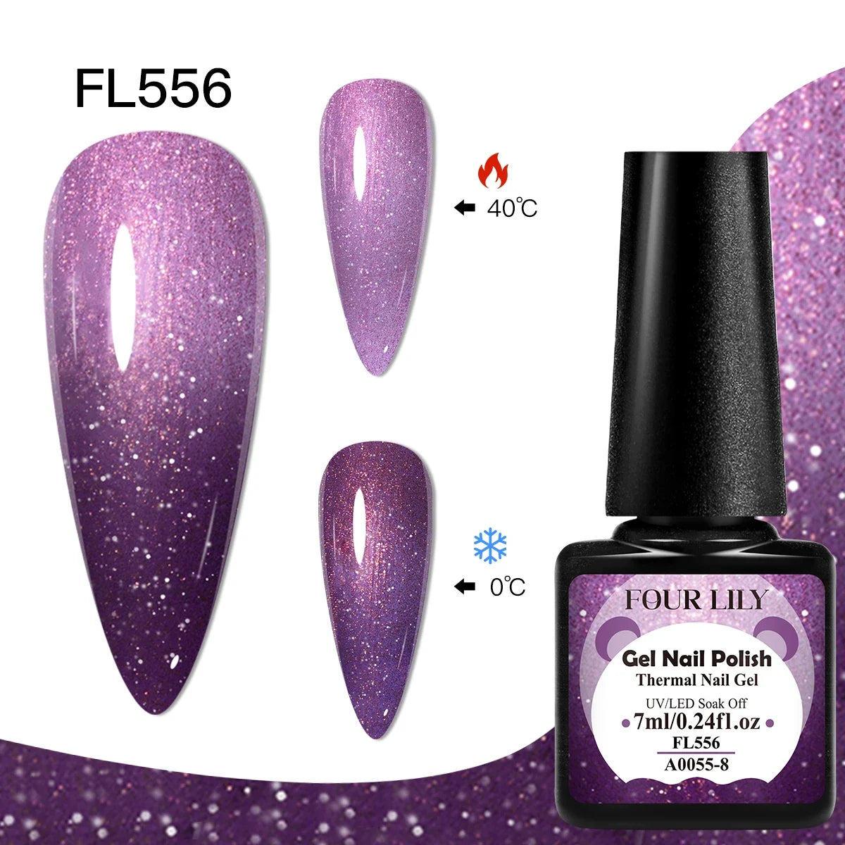 Blushimmer FOUR LILY 7ml thermal nail gel polish in three color-changing shades for UV/LED soak-off manicure design.