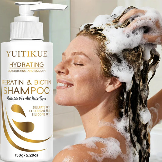 Silcy Skin YUITIKUE Keratin & Biotin Hydrating Shampoo bottle showing natural, gentle formula for daily hair care, 150g.