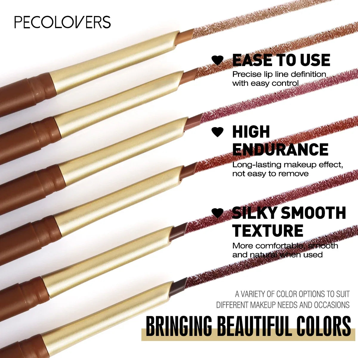Blushimmer matte 6-color lip liner pencil with bevel tip, nude and brown shades, natural lasting lip contouring makeup.