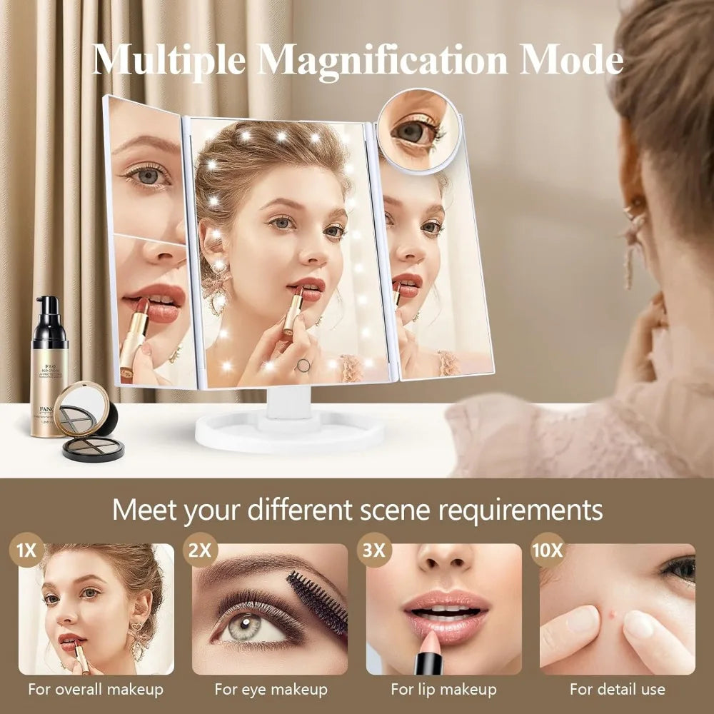 Blushimmer vanity makeup mirror with light, 2X/3X/10X magnification, touch control, portable tri-fold design, dual power supply.