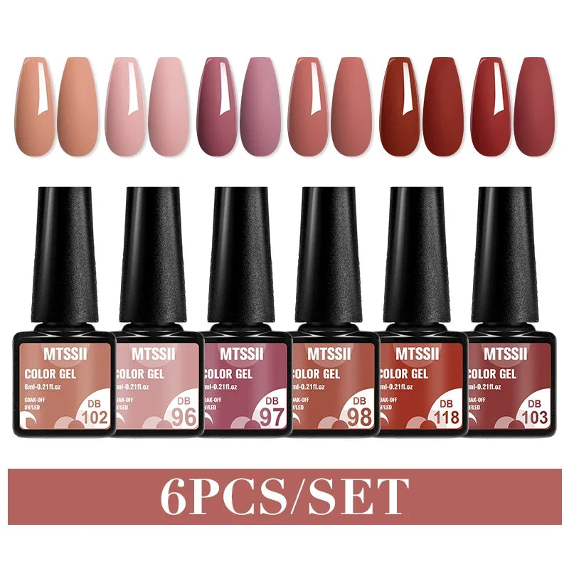 Blushimmer MTSSII 6-piece set of sparkly red gel nail polishes with shiny finish for LED and UV manicures, nail art supplies.