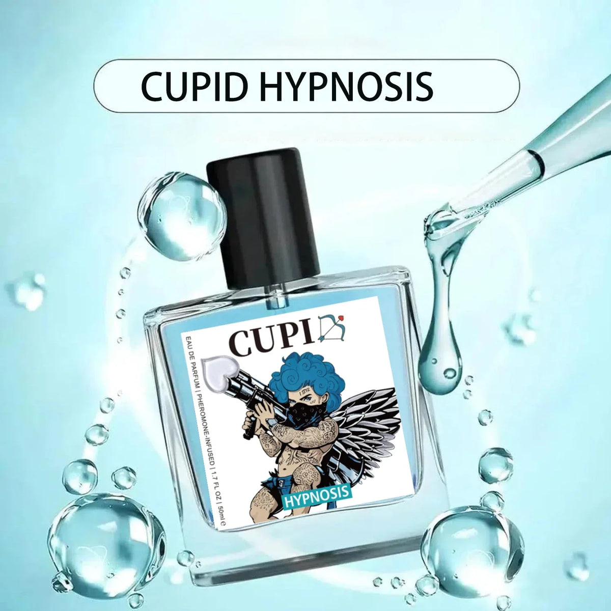 Cupid Hypnosis 2.0 Pheromone Cologne for Men by Blushimmer in 50ml bottle, featuring sleek packaging and branding.