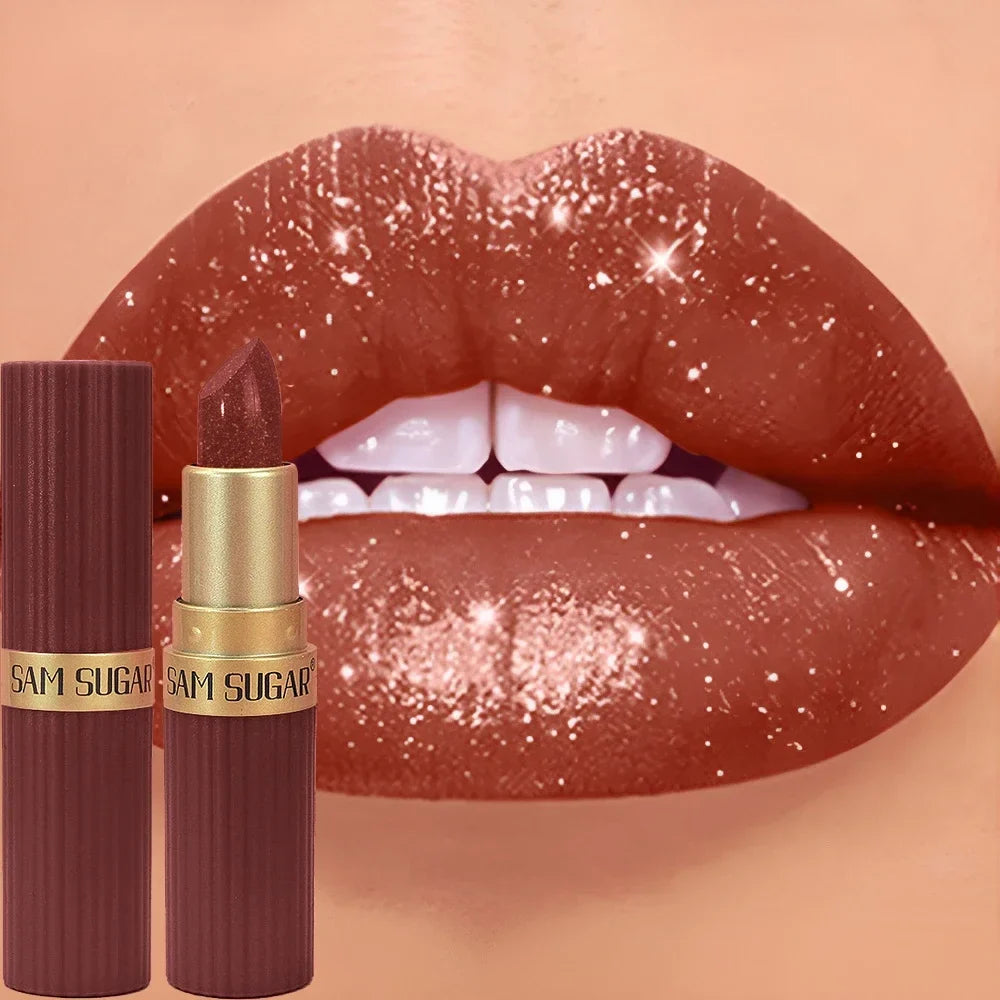 Chocolate brown metallic glitter lipstick by Blushimmer with a shimmering, long-lasting, waterproof, non-fade pearl gloss finish.