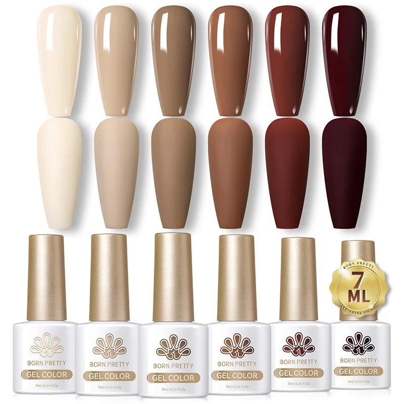 Six bottles of Blushimmer Born Pretty crystal amber gel nail polish set in jelly pink and nude shades for winter manicure.