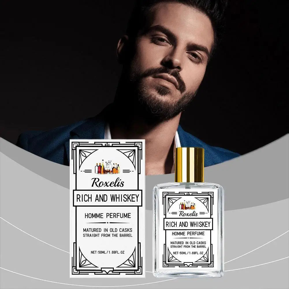 Men's Blushimmer Charming Whiskey perfume bottle with elegant design, showcasing the long-lasting, refreshing fragrance for attraction.
