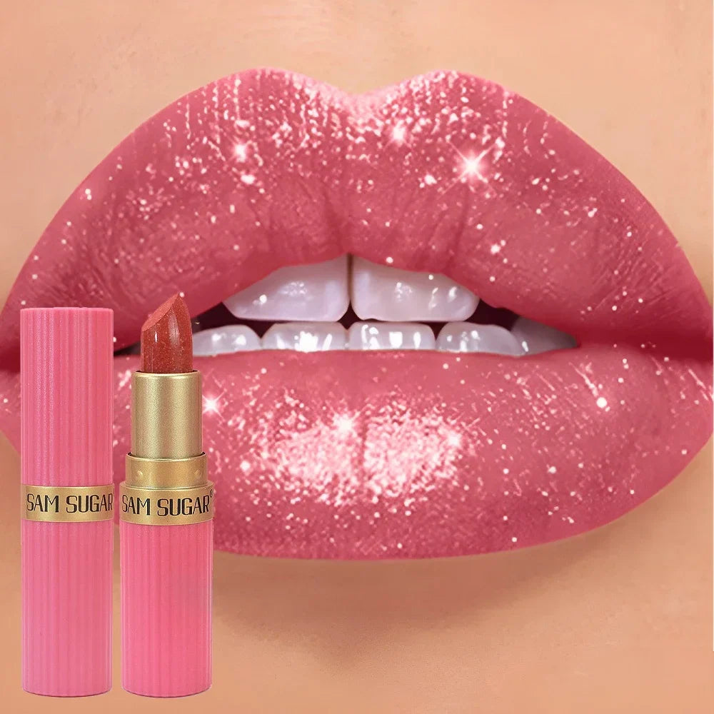 Chocolate brown metallic glitter lipstick by Blushimmer with long-lasting, waterproof, shimmery pearl finish.