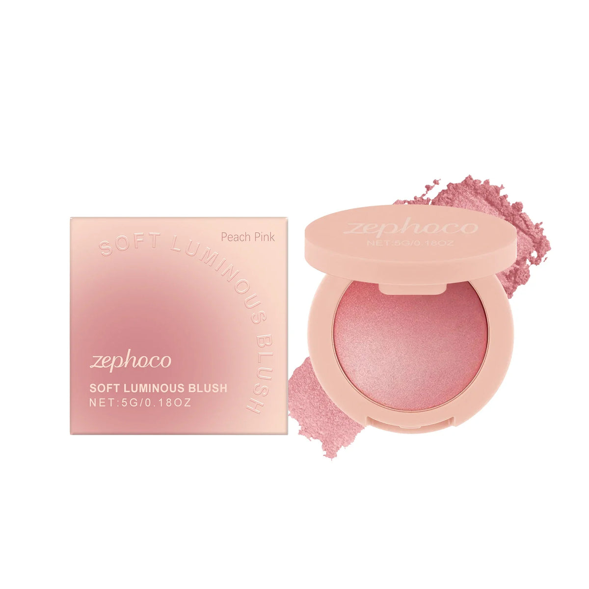 Blushimmer Pearl Blush with soft light pink powder, natural flush finish, long-lasting, buildable, delicate pink makeup product