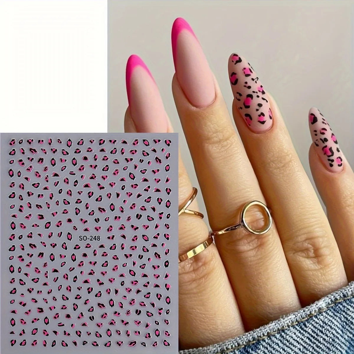Three sheets of Blushimmer Meilad leopard print nail stickers for easy DIY nail decoration and party or wedding makeup.