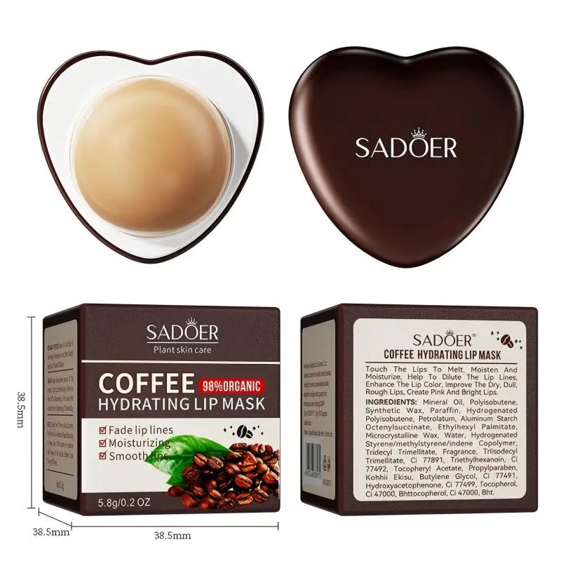 Blushimmer Coffee Lip Mask in a jar, hydrating overnight treatment for dry, fine-lined lips with a soothing, plumping effect.